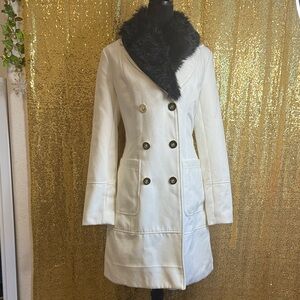 bebe Cream Pea Coat with Black Faux Fur Collar.